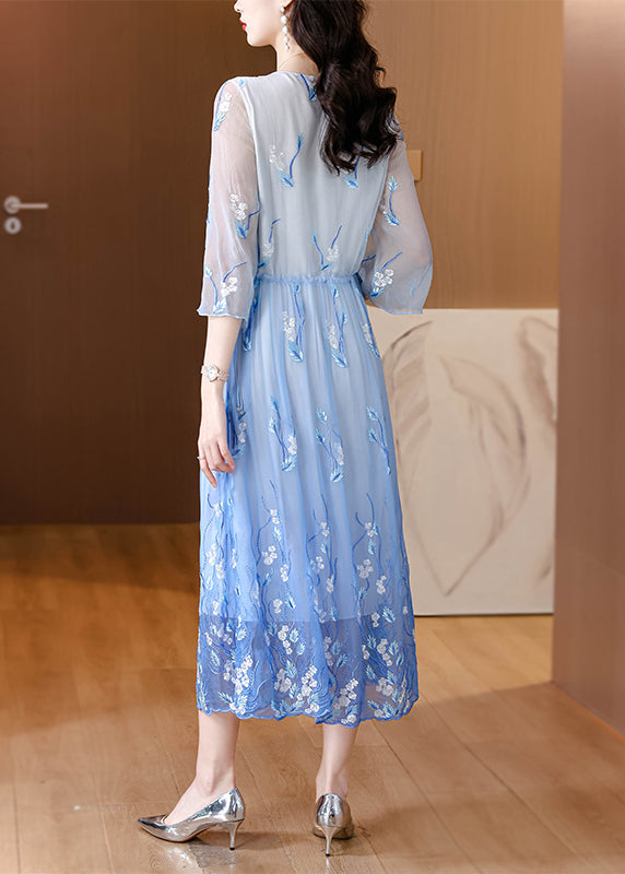 Art Gradient Blue O Neck Embroidered Drawstring Silk Dress Summer BB028