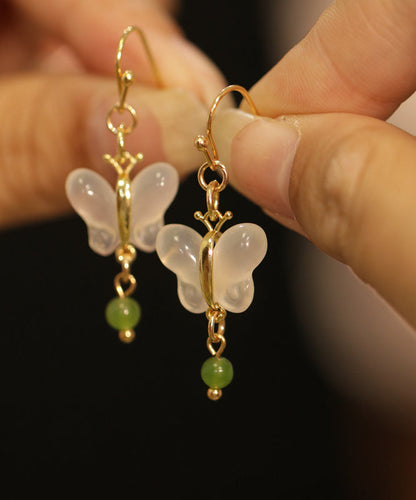 Art Green Copper Overgild Jade Butterfly Drop Earrings QI066