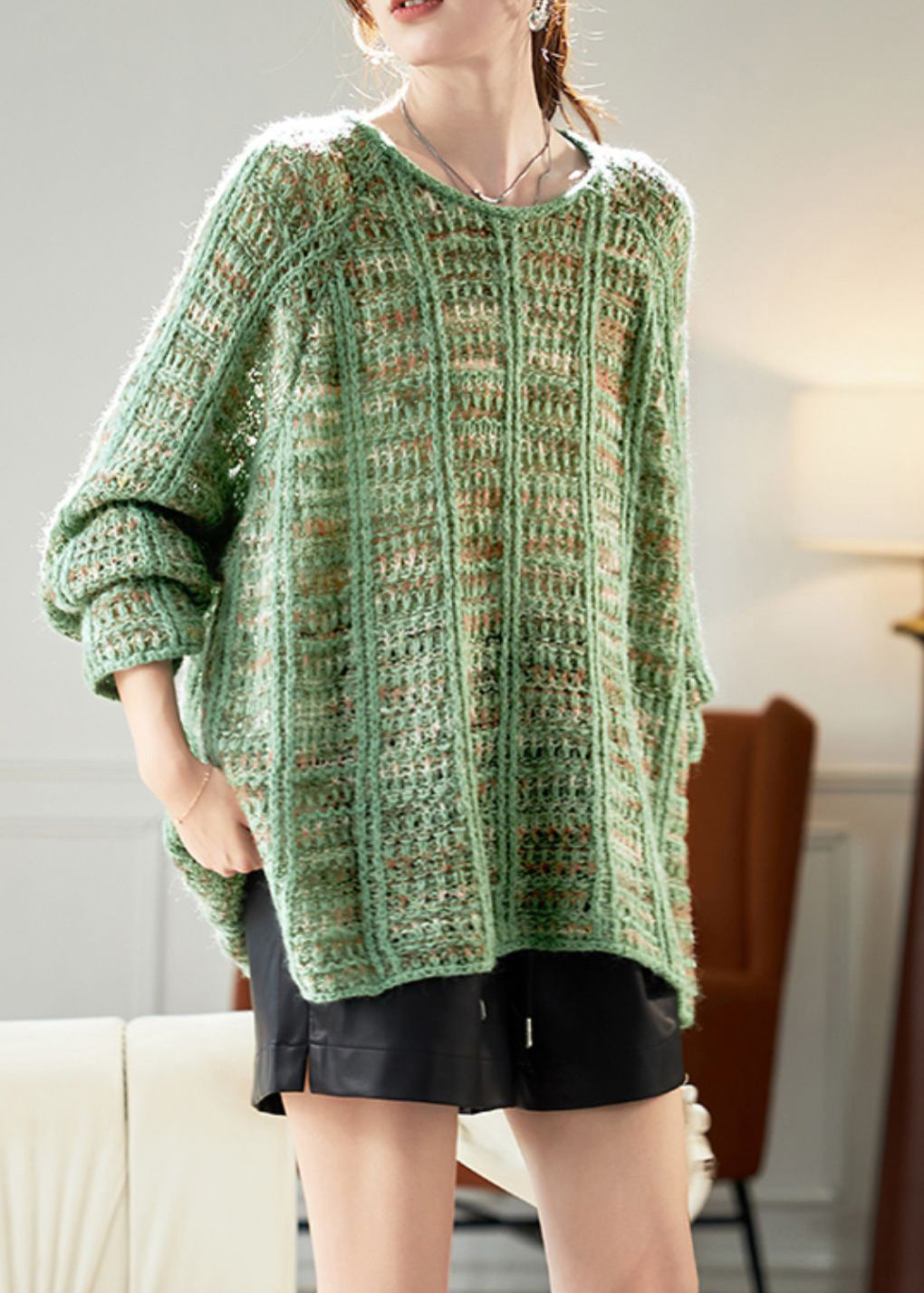 Art Cotton Sweaters Batwing Hollow Cozy Sleeve Out Green Knit
