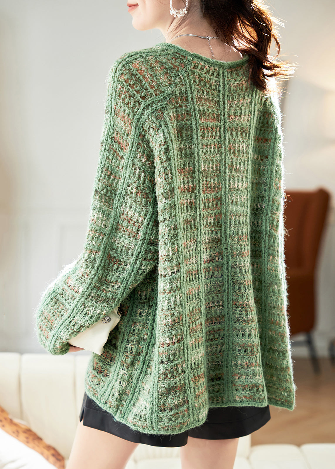 Art Cotton Sweaters Batwing Hollow Cozy Sleeve Out Green Knit