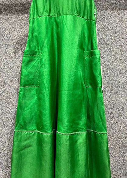 Art Green O Neck Pockets Patchwork Silk Dresses Sleeveless EE1032