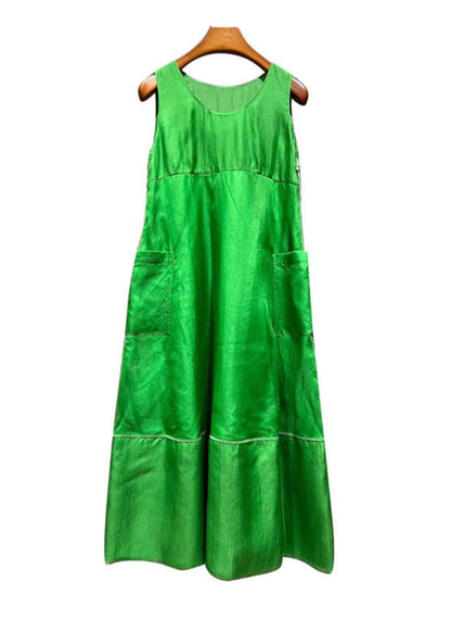 Robe en soie patchwork à col rond et poches Art Green sans manches EE1032