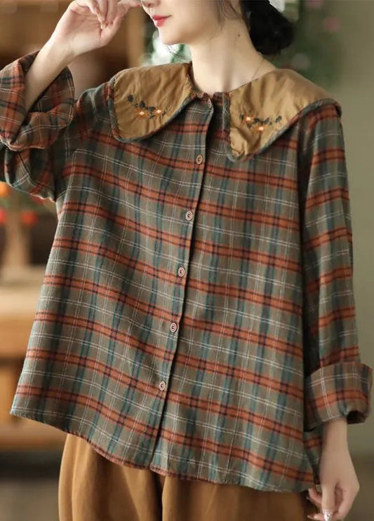 Spring Green Plaid Art Blouses Embroidered Cotton