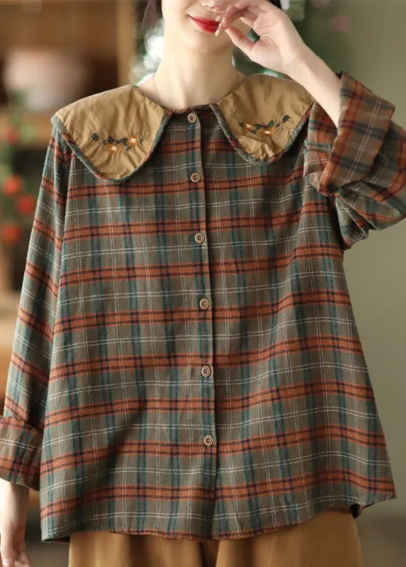 Embroidered Spring Cotton Green Blouses Art Plaid