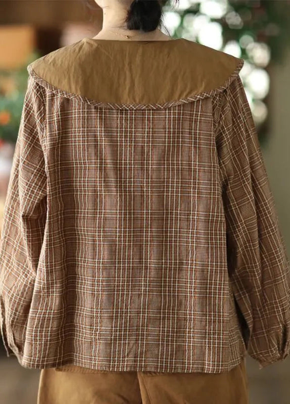 Spring Green Plaid Art Blouses Embroidered Cotton