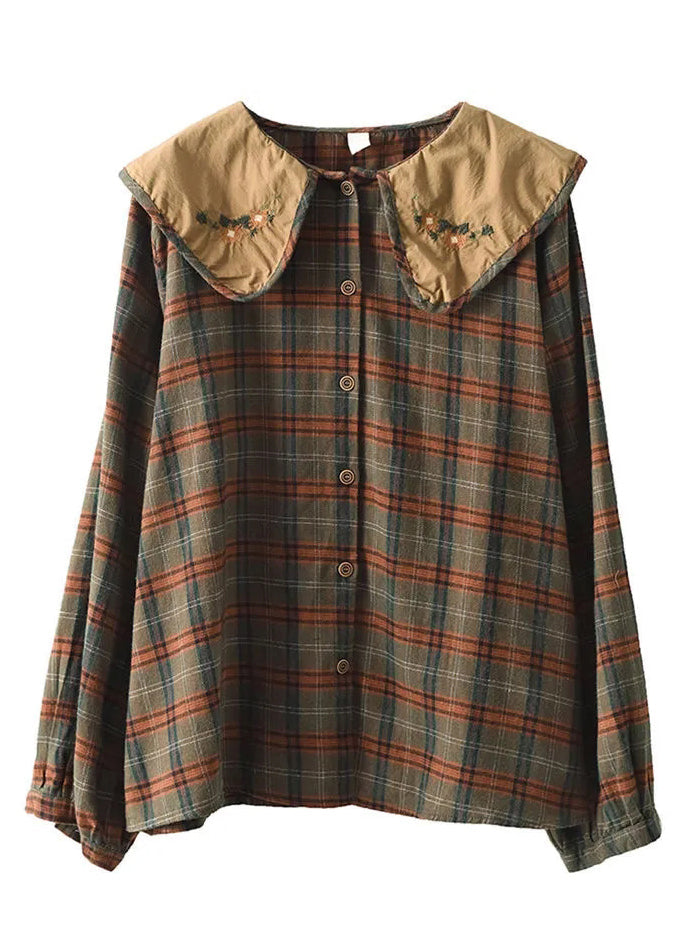 Embroidered Spring Cotton Green Blouses Art Plaid
