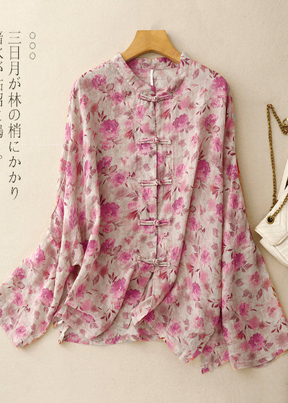 Shirts Art Linen Spring Green Button Chinese Print