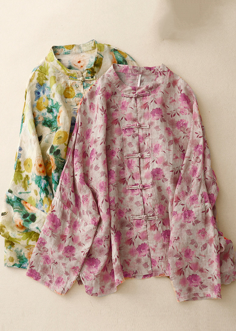 Shirts Art Linen Spring Green Button Chinese Print