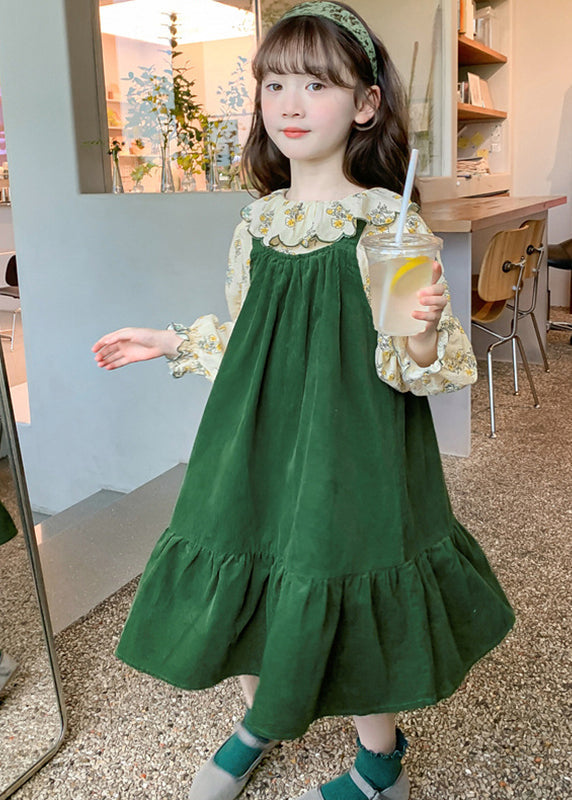 Art Green Shirts And Long Dress Kids Two Pieces Set Spring YE029