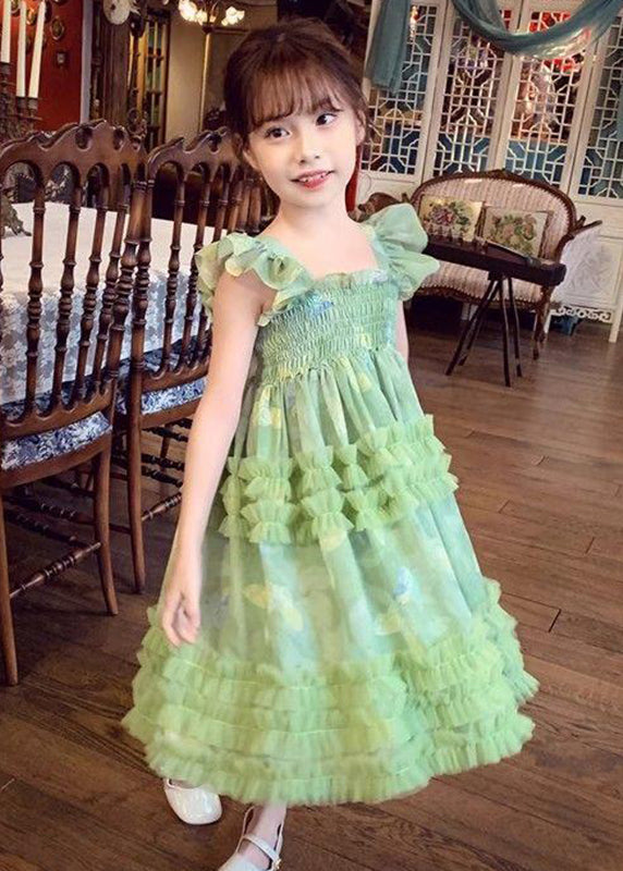 Art Green Square Collar Print Wrinkled Tulle Girls Long Dress Sleeveless EW023