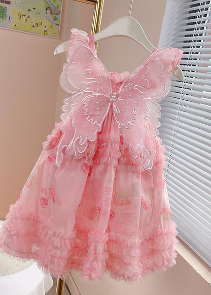 Art Green Square Collar Print Wrinkled Tulle Girls Long Dress Sleeveless EW023