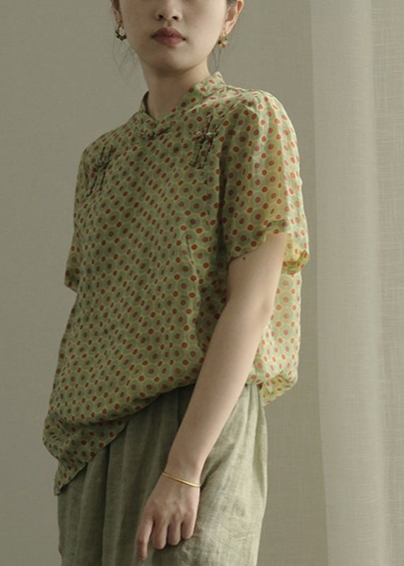 Art Green Stand Collar Dot Button Top Short Sleeve UU037