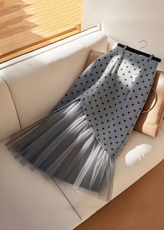 Waist Patchwork Tulle Spring Skirts Dot Art Grey High