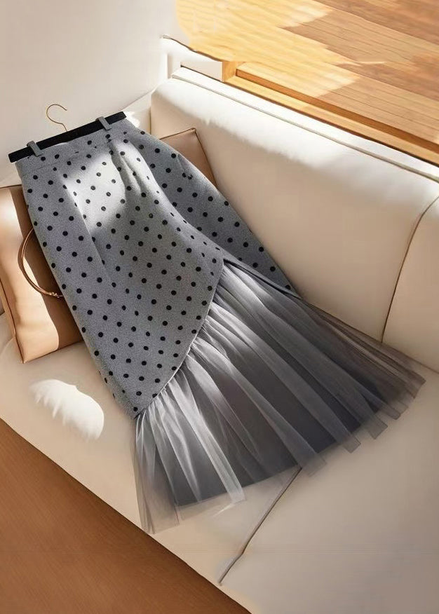 Waist Patchwork Tulle Spring Skirts Dot Art Grey High
