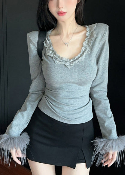 Art Grey O Neck Patchwork Faux Fur Tops Spring YP022