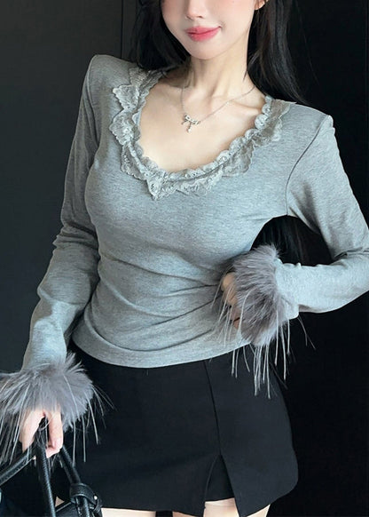 Art Grey O Neck Patchwork Faux Fur Tops Spring YP022