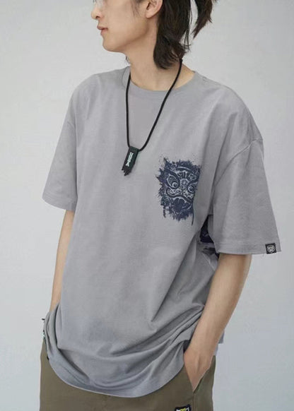 Art Grey O Neck Print Cotton Mens T Shirts Summer LK050