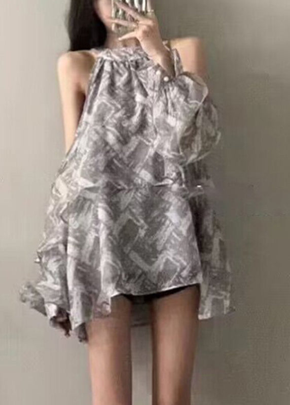 Art Grey Ruffled Print Cold Shoulder Shirt Sleeveless UU1050