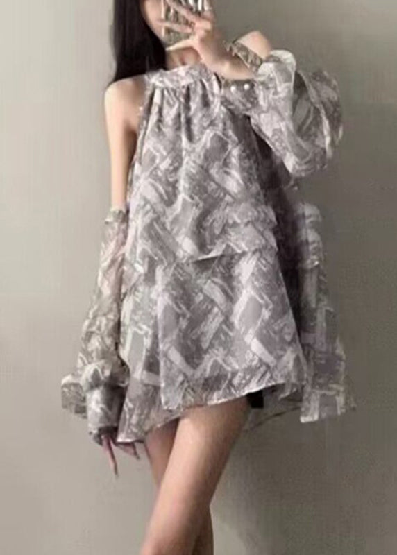 Art Grey Ruffled Print Cold Shoulder Shirt Sleeveless UU1050