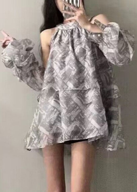 Art Grey Ruffled Print Cold Shoulder Shirt Sleeveless UU1050