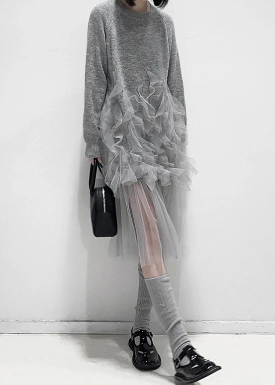 Art Grey Ruffled Solid Tulle Patchwork Knit Dress Fall AL1057