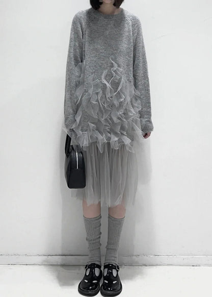 Art Grey Ruffled Solid Tulle Patchwork Knit Dress Fall AL1057