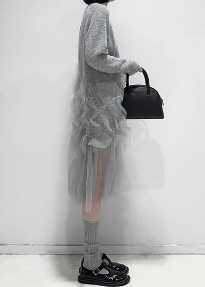 Art Grey Ruffled Solid Tulle Patchwork Knit Dress Fall AL1057