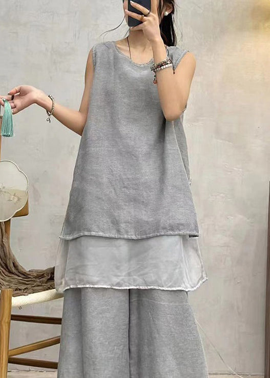 Art Grey Solid Side Open Cotton Tank Summer AU1044