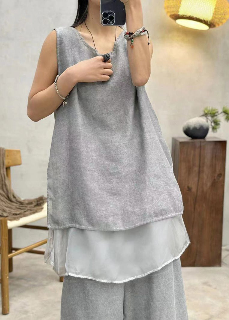 Art Grey Solid Side Open Cotton Tank Summer AU1044