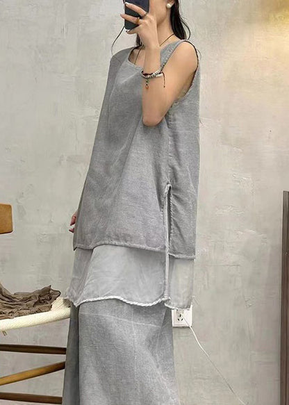 Art Grey Solid Side Open Cotton Tank Summer AU1044