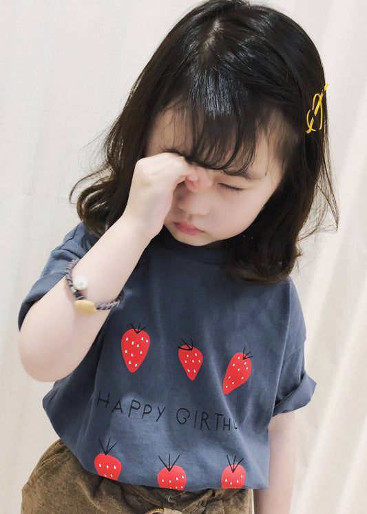 Art Grey Strawberry Print Kids Girls Tops Short Sleeve YU1063