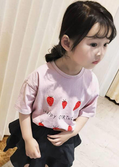 Art Grey Strawberry Print Kids Girls Tops Short Sleeve YU1063