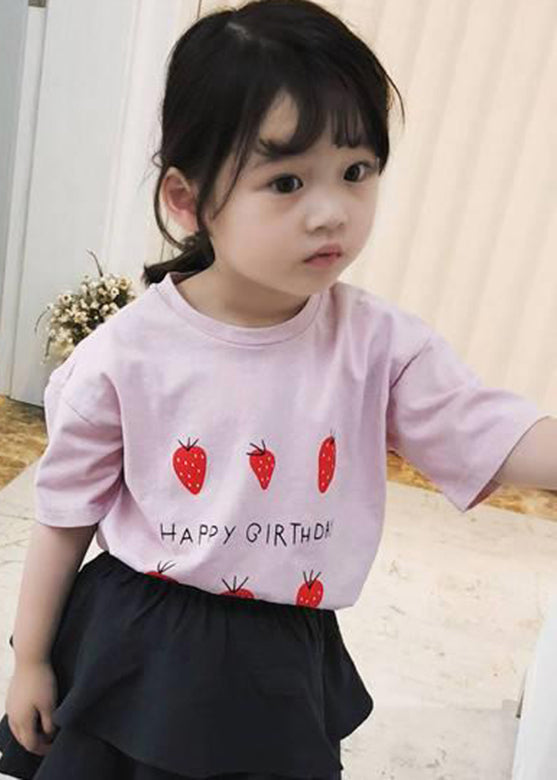 Art Grey Strawberry Print Kids Girls Tops Short Sleeve YU1063