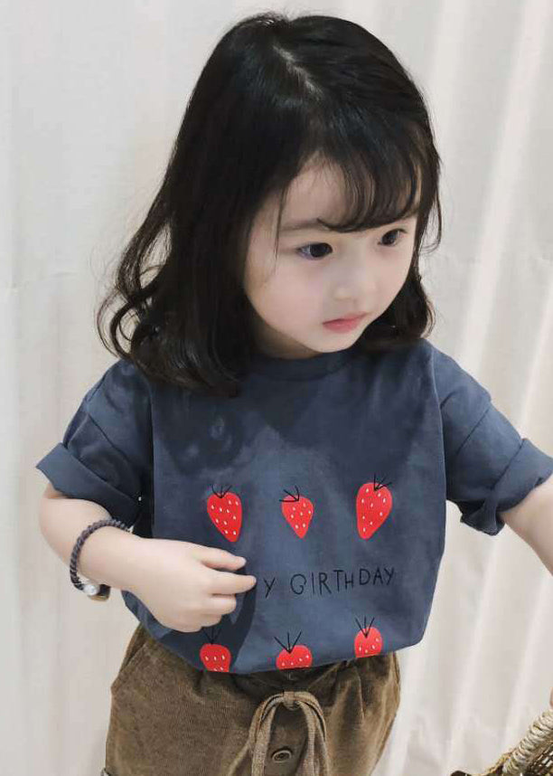 Art Grey Strawberry Print Kids Girls Tops Short Sleeve YU1063