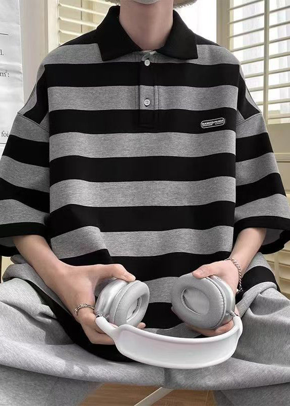 Art Polo Grey Button Striped Half Mens Cotton Sleeve Shirts