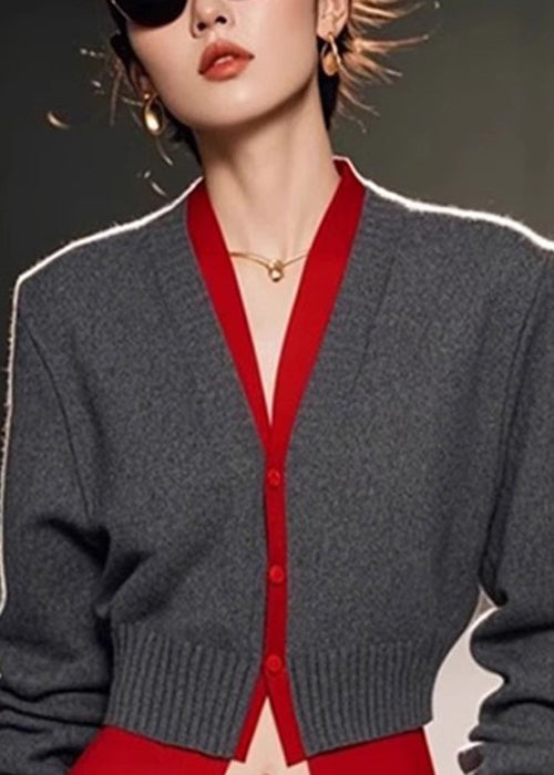 Art Pieces Knit Patchwork Sweater Spring Neck Grey V Two False