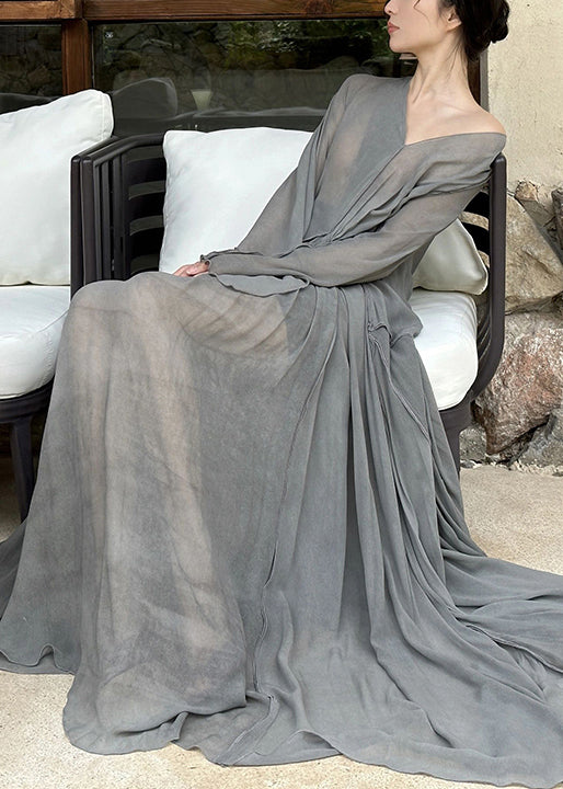 Art Grey V Neck Wrinkled Cotton Maxi Dresses Long Sleeve AH492