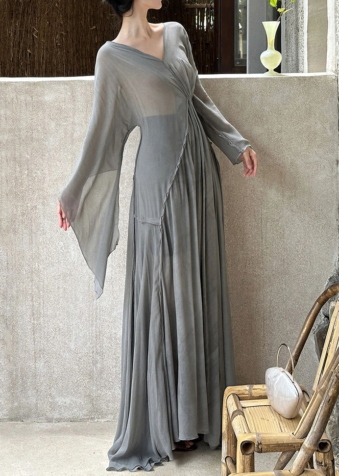 Art Grey V Neck Wrinkled Cotton Maxi Dresses Long Sleeve AH492