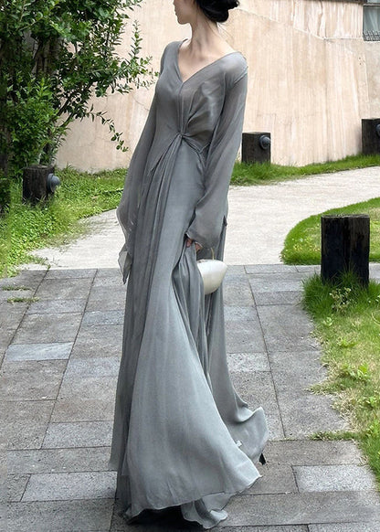 Art Grey V Neck Wrinkled Cotton Maxi Dresses Long Sleeve AH492