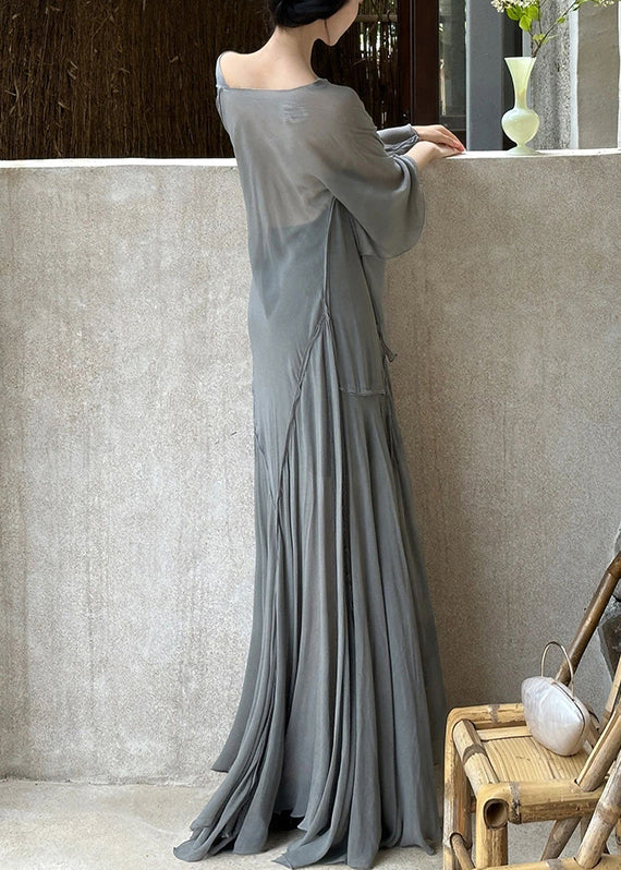 Art Grey V Neck Wrinkled Cotton Maxi Dresses Long Sleeve AH492