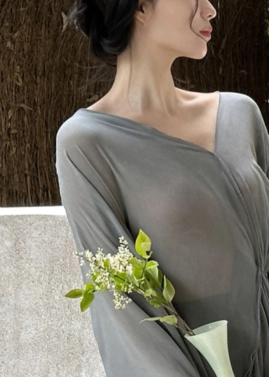 Art Grey V Neck Wrinkled Cotton Maxi Dresses Long Sleeve AH492