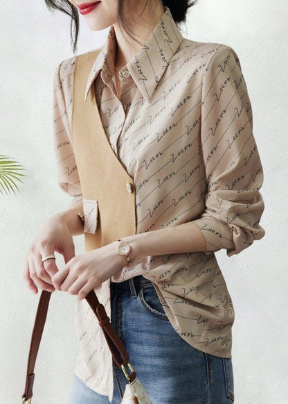 Asymmetrical Patchwork Blouse Cotton Print Art Fall Khaki