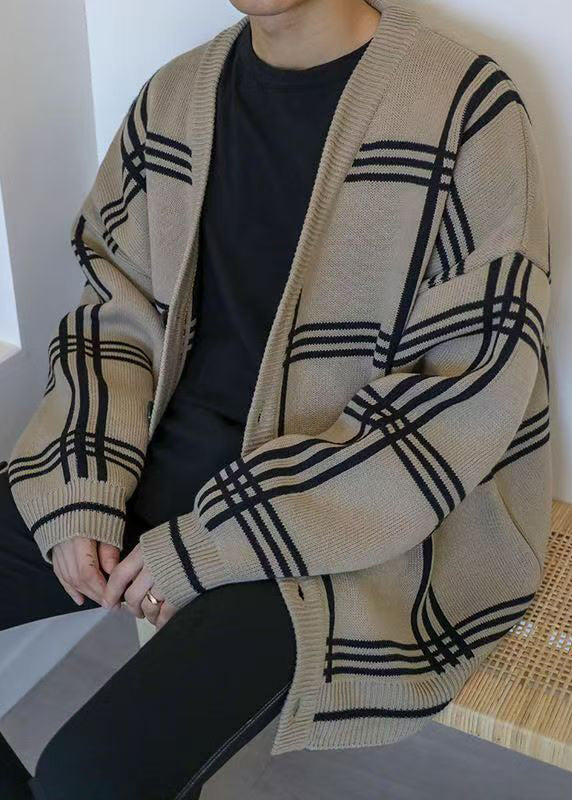 Khaki Spring Art Knit Men Button Plaid Cardigans