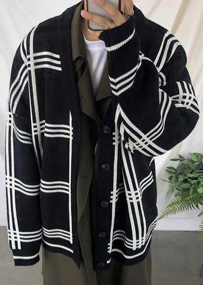 Khaki Spring Art Knit Men Button Plaid Cardigans