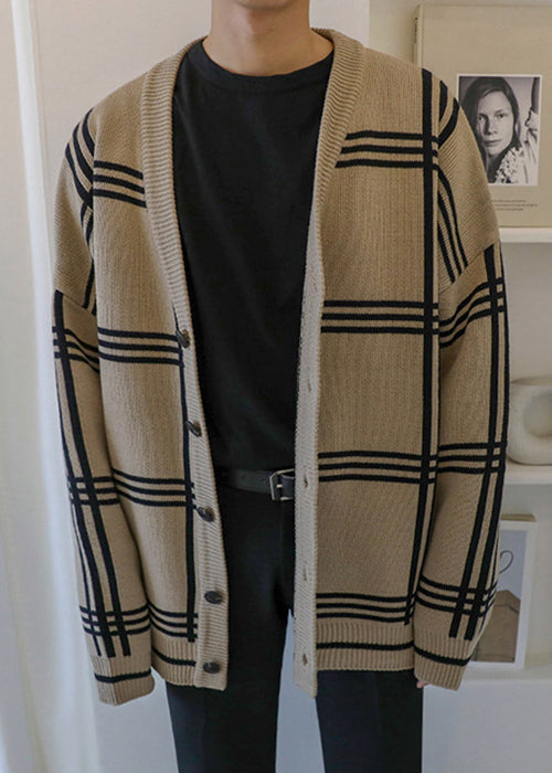 Khaki Spring Art Knit Men Button Plaid Cardigans