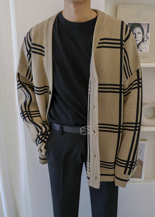Khaki Spring Art Knit Men Button Plaid Cardigans