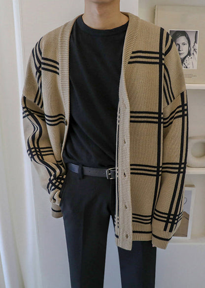 Khaki Spring Art Knit Men Button Plaid Cardigans