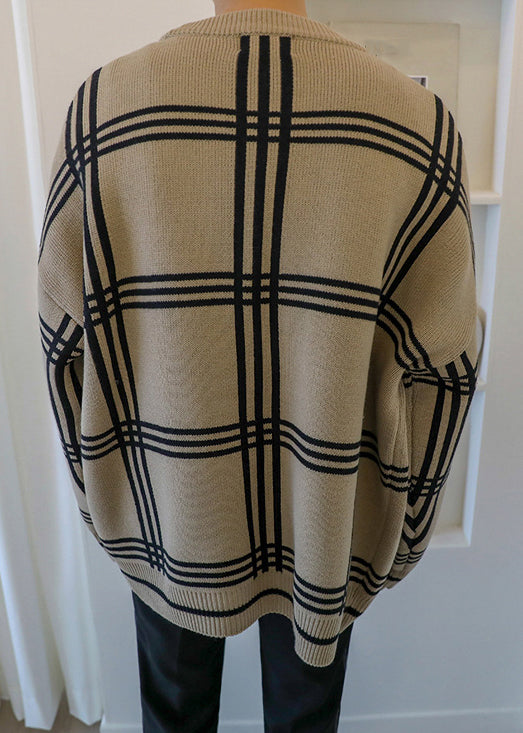 Khaki Spring Art Knit Men Button Plaid Cardigans