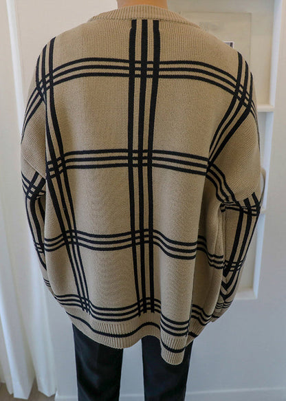 Khaki Spring Art Knit Men Button Plaid Cardigans