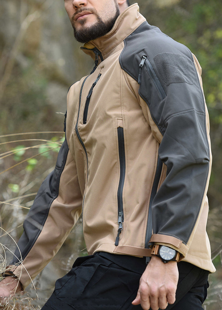 Spring Khaki Fleece Art Coat Men Zip Up Warm Patchwork Pockets